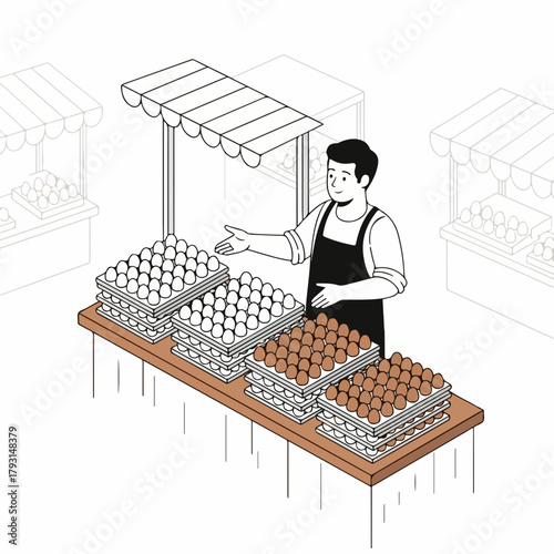 Flat Illustration Man Selling Fresh Eggs At Traditional Market Stall