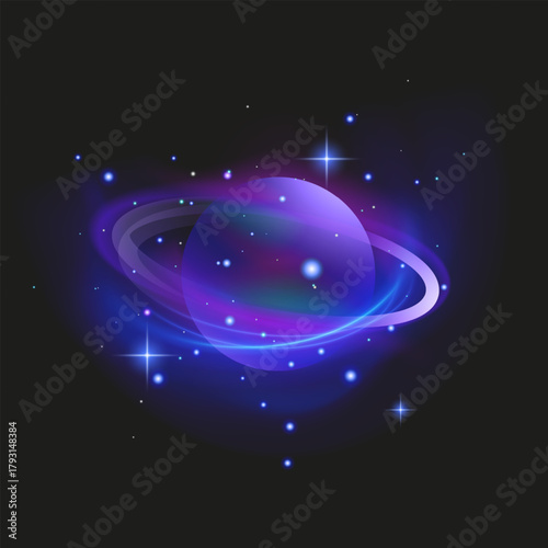 Glowing Purple Planet with Rings in Cosmic Space Neon planet with glowing rings