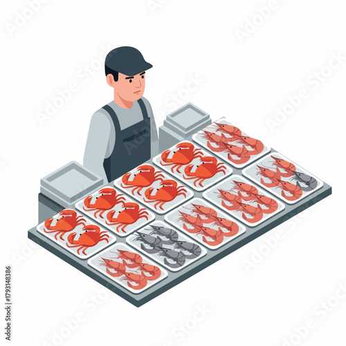Isometric Illustration of Seafood Stall with Man Selling at Market