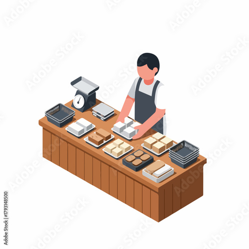 Isometric Professional Bakery Shop With Baker and Various Pastries on Display