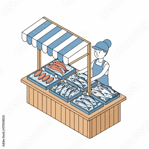Isometric Handdrawn Small Fish Market Stand with Seller Illustration