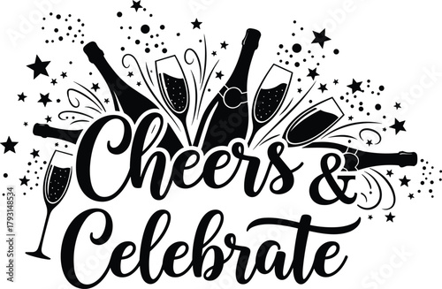 Cheers and celebrate with champagne bottles and sparkling confetti