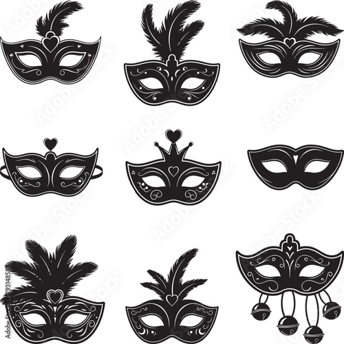Carnival Masquerade Mask Feather Decorative Silhouette Set Vector
