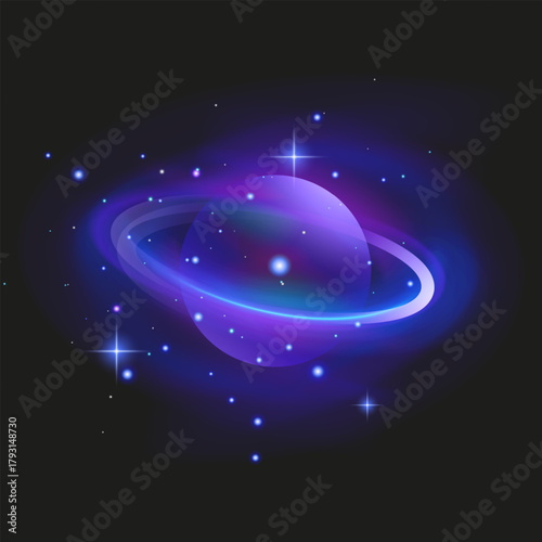 Glowing Purple Planet with Rings in Cosmic Space Neon planet with glowing rings