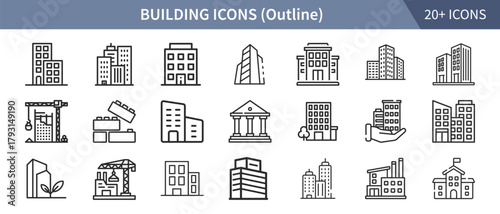Collection of building icons in outline style, showcasing various architectural designs and urban elements