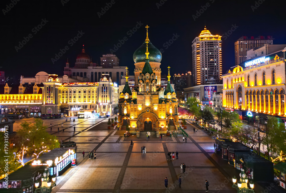 Fototapeta premium Harbin, CHINA-MAY 02, 2025-Aerial view of Saint Sophia Cathedral in downtown of Harbin, The renowned landmark of Harbin, HeiLongJiang, China.