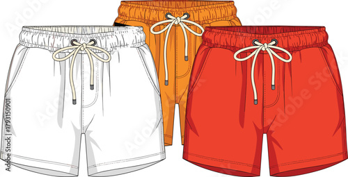 Drawstring shorts collection, white orange red color set, elastic waistband, side pockets, metal tip strings, fashion flat vector, casual clothing design, no text