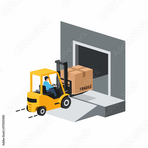 Isometric Detailed Forklift Carrying Cardboard Box at Warehouse Loading Dock Illustration