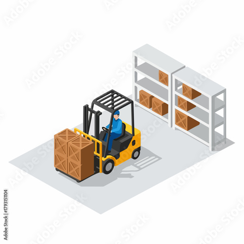 Isometric Style Forklift Detail Subject Transporting Goods in a Warehouse
