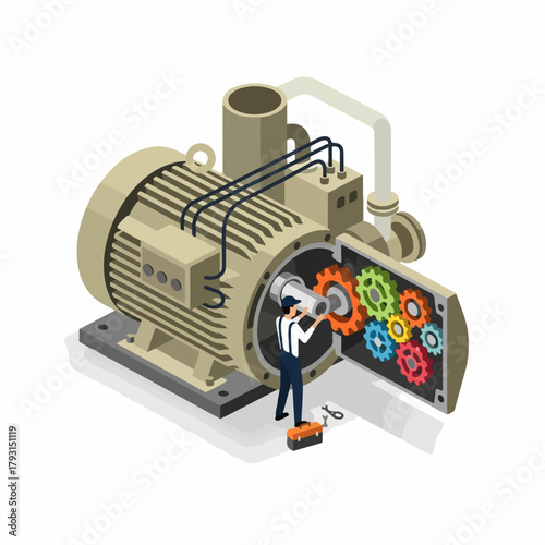 Isometric Detailed Illustration of Electrical Motor Maintenance and Repair Service
