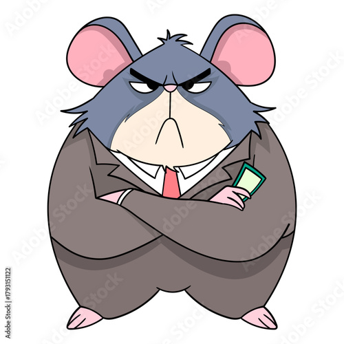 Grumpy cartoon hamster businessman with a stern expression and folded arms, an angry animal boss character illustration isolated on white