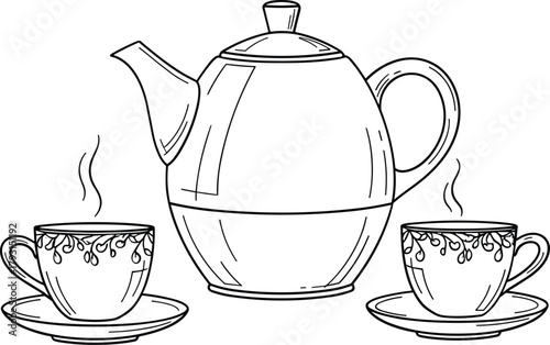 Classic hand drawn sketch of a tea pot and two steaming cups on saucers