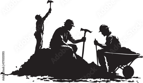 Workers on Hill of Dirt Silhouette Vector | Construction Laborer Mining Team Working Hard Illustration