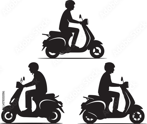 Three scooter riders in silhouette style