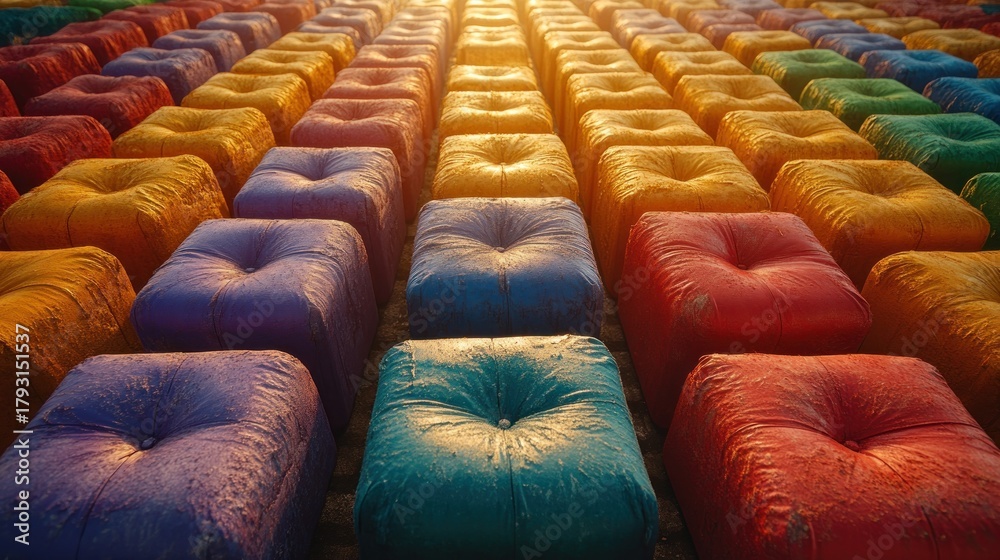 Fototapeta premium Colorful, padded cubes in a grid, sunlit