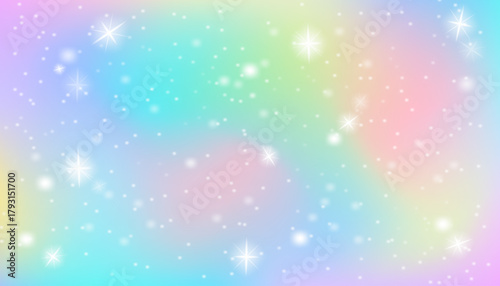 Pastel unicorn hologram gradient with sparkles. Soft pink, purple and rainbow fantasy background for festive design, kids party and magical vector illustration