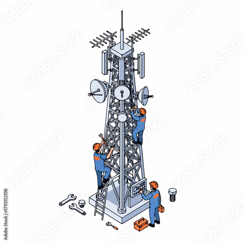 Isometric Detailed Cell Tower Maintenance Workers on Antenna Structure Illustration