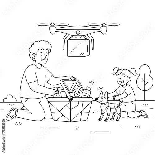 Drone delivery service: father and daughter having a picnic in the park. Robot dog and food. Futuristic lifestyle. Black and white vector line art.