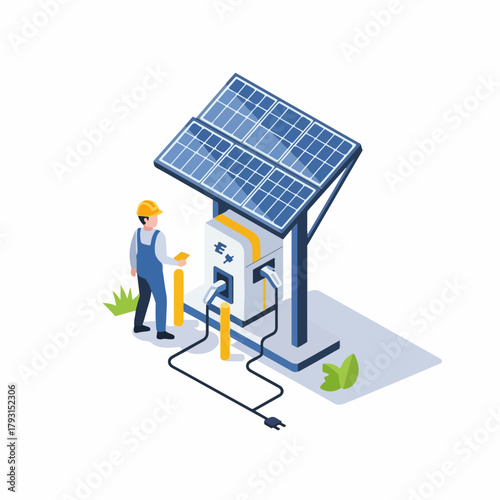 Isometric Illustration of Electric Charging Station for Cars with Solar Panel