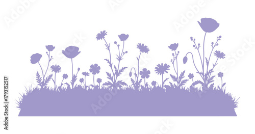 A small grassy lawn adorned with flowers. This graphic element is ideal for summer and spring-themed designs. Isolated on a white background.