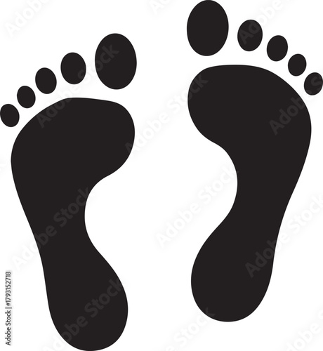 Simple black silhouette of two human footprints facing forward on a white background representing steps taken or a path forward