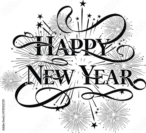 Elegant black and white happy new year calligraphy with fireworks burst