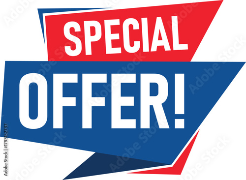 Bold red and blue banner with the words special offer in white text announcing a limited time sale or promotion