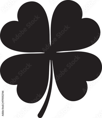 A simple black silhouette of a four leaf clover isolated on a white background representing luck and good fortune