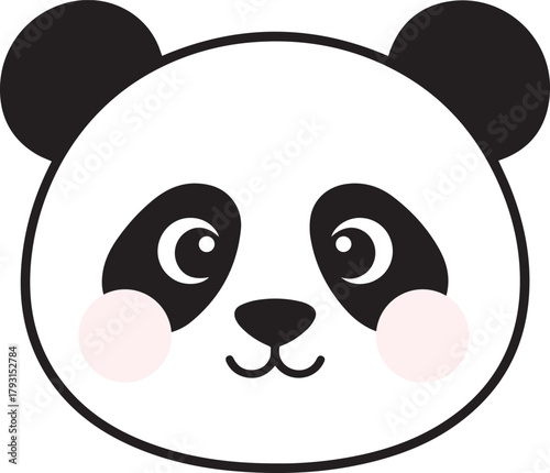 Adorable cartoon illustration of a cute giant panda bear face with black ears and eye patches rosy cheeks and a friendly smile isolated on a white background