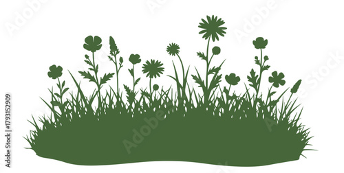 A little patch of grass with some flowers. A graphic element for summer and spring designs. Set against a white background.