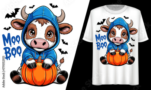 Halloween Moo Boo Cow with Pumpkin, T-Shirt Design.