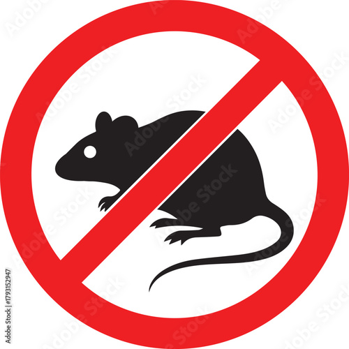 A clear red prohibition sign with a black silhouette of a rat inside indicating no rodents allowed representing pest control and exclusion