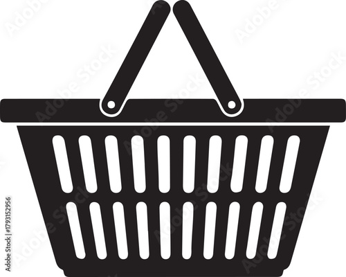 Simple black silhouette of a classic open top shopping basket with two handles on a white background representing commerce and retail