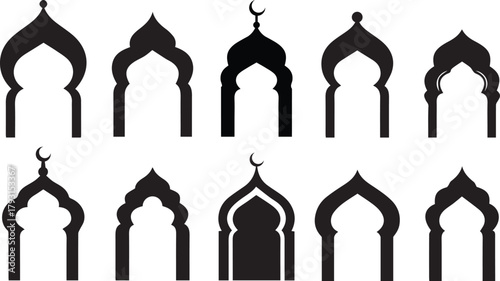 Collection of ten distinct black islamic architectural arch silhouettes featuring various decorative elements and crescent moon finials against a white background