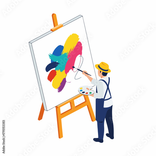 Isometric Artist Drawing Abstract Colorful Painting on Canvas with Easel
