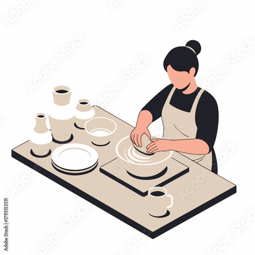 Isometric Woman Kneading Dough in Kitchen for Baking Preparation Illustration