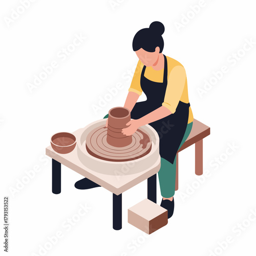 Isometric Woman Forming Clay On Pottery Wheel in Ceramic Workshop