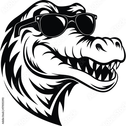 A cool alligator head wears sunglasses, displaying its teeth in monochrome shades