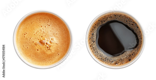 Two disposable coffee cups, one latte, one black coffee, top-down view