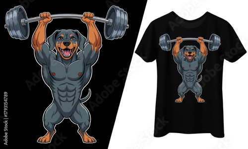 Rottweiler Dog Lifting Weights, T-Shirt Design.