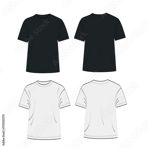 Modern black and white t-shirt mockup set with front and back views. Perfect for showcasing apparel designs, custom prints, logos, and fashion branding projects for clothing stores or online shops.