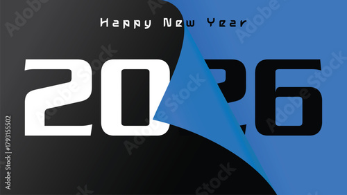 Isolated a kind of Happy New Year 2026 with bold white and black numbers on a blue background