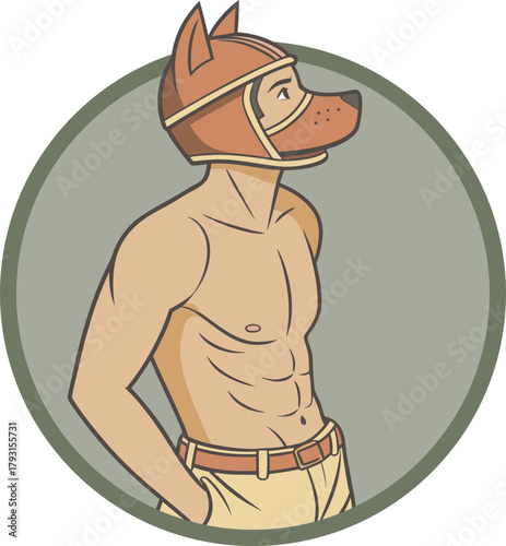 Gay pup 60s. Young guy in puppy mask with naked chest (round doggy vector for print)