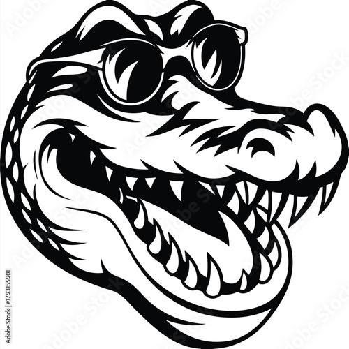 Black and white alligator head wearing sunglasses shows off his fearsome teeth