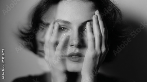 Double exposure black and white psychological portrait.