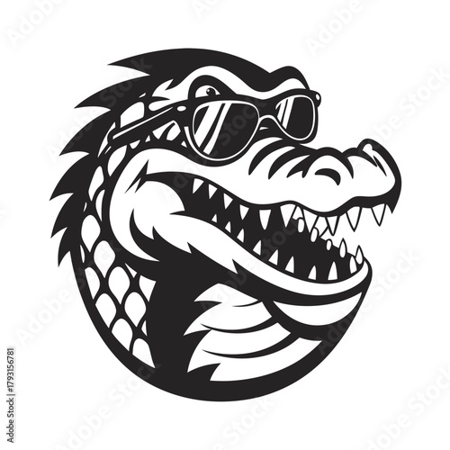 Cartoon alligator wearing glasses with sharp teeth looks very stylish and cool
