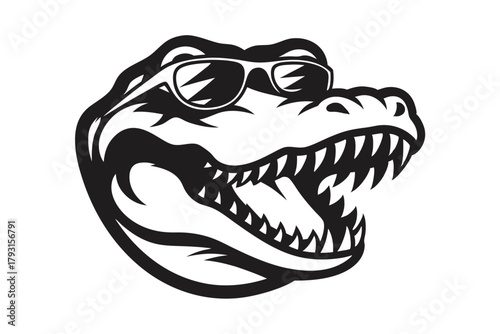 Cartoon tyrannosaurus with sunglasses roars loudly in black and white simplicity