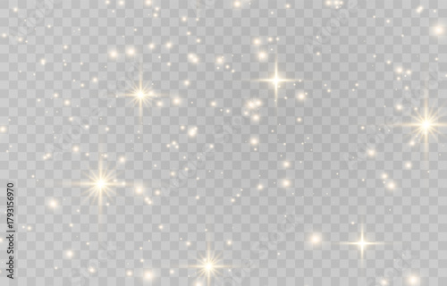 Vector magical light dust, dusty shine. Flying particles of light. Christmas light effect. Sparkling particles of fairy dust glow in transparent background. Vector illustration on png