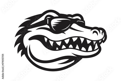 Cool crocodile smiles with pointy teeth while sporting trendy sunglasses in black vector