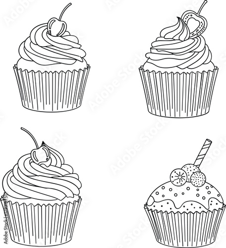 Four hand drawn line art illustrations of delicious cupcakes with cherry toppings
